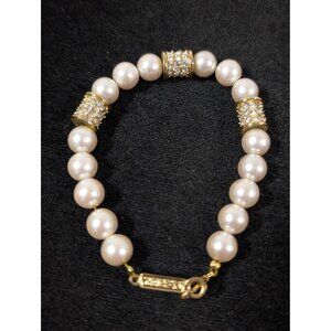 Vintage Napier Faux Pearl Rhinestone Pave Bracelet Gold Tone 6.5"